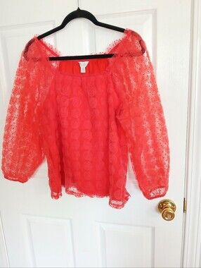 Women's Red Sheer Puff-Sleeve Blouse Rose Details Artsy Coquette Fairy Whimsical